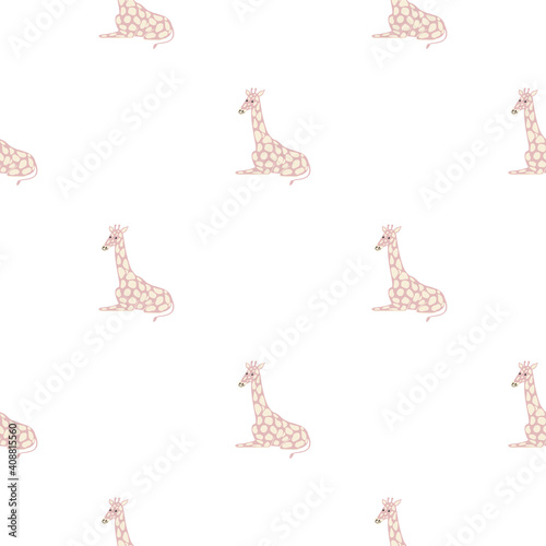 Isolated seamless pattern with doodle light pink giraffe silhouettes. White background. Safari print.