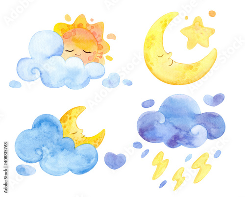 Watercolor illustration. Clouds, sun, rain, moon. Cartoon weather isolated on white background.