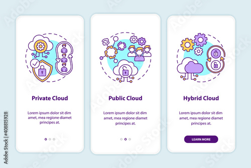 SaaS deployment models onboarding mobile app page screen with concepts. Private, public, hybrid clouds walkthrough 3 steps graphic instructions. UI vector template with RGB color illustrations