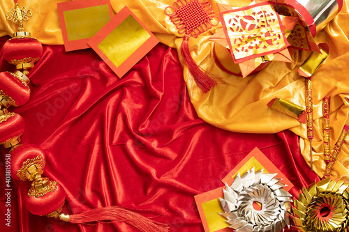 chinese new year greeting golden and red background with copy space foe celebrate