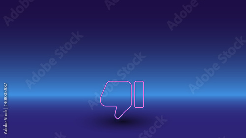 Neon thumb down symbol on a gradient blue background. The isolated symbol is located in the bottom center. Gradient blue with light blue skyline