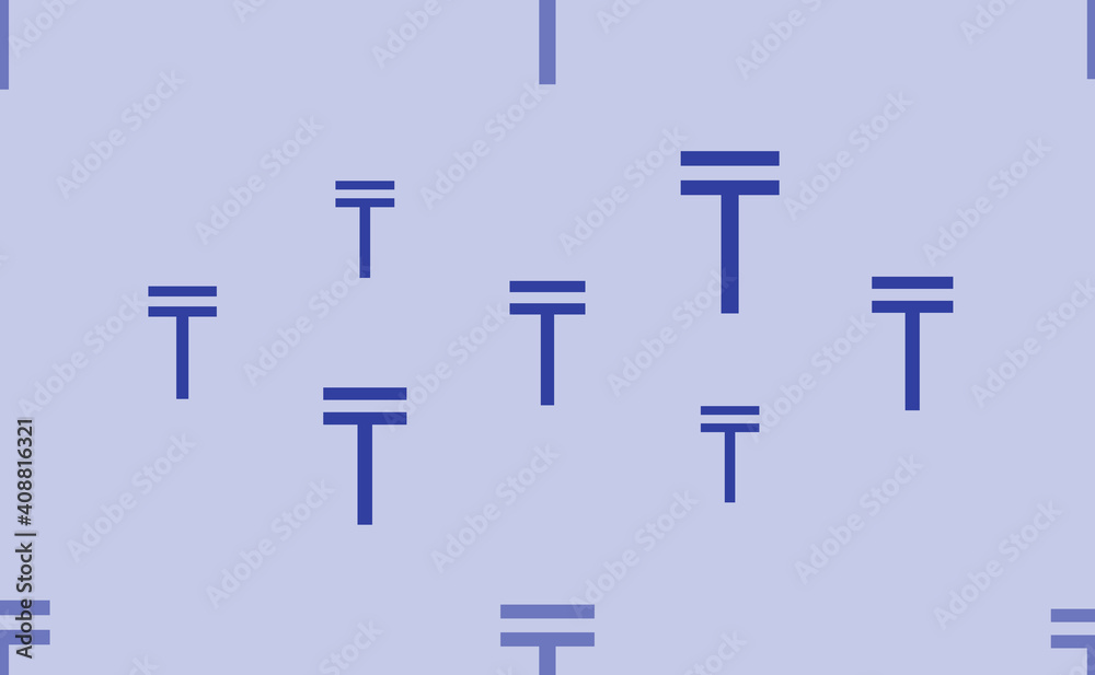 Seamless pattern of large isolated blue tenge symbols. The pattern is divided by a line of elements of lighter tones. Vector illustration on light blue background