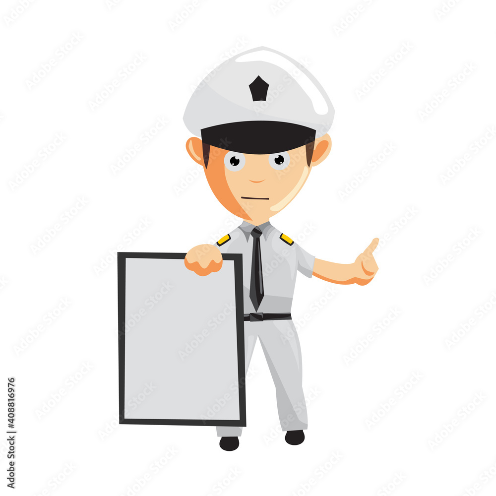 Airplane Pilot Cartoon Character with Blank Board Aircraft Captain in Uniform