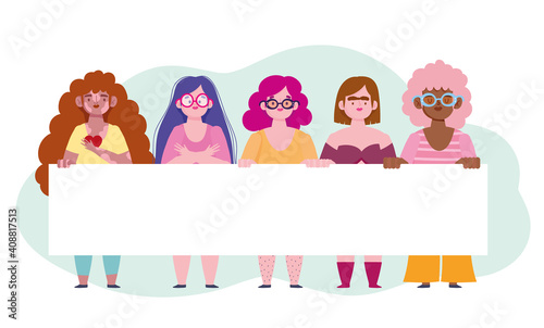group women diverse with banner cartoon character self love