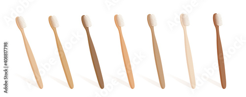Wooden toothbrush set with different natural colors and wood textures. Isolated vector illustration on white background.

