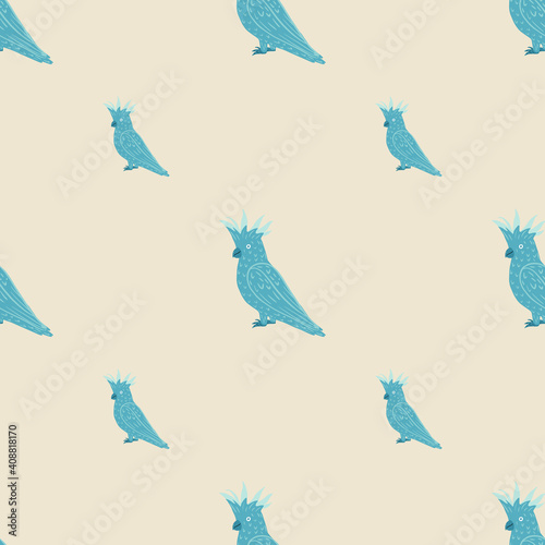 Minimalistic style animal seamless pattern with blue colored cockatoo parrot shapes. Light background.