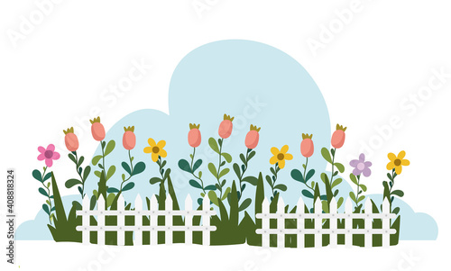 Gardening cute flowers leaves foliage wood white fence