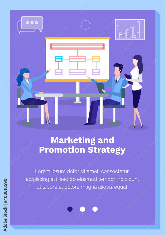 Marketing, internet advertising and promotion strategy. Website landing page template concept. People at a meeting discussing a business development plan with statistics. The homepage of business site