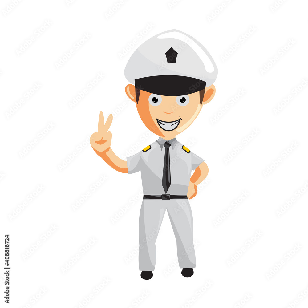 Airplane Pilot Hand Peace Cartoon Character Aircraft Captain in Uniform