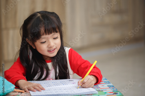 Asian little girl learning and writing in notebook with pencil