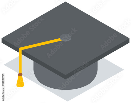 Education black cap on white background attribute of the graduation celebration ceremony. Graduation university or college student hat top view. Element for degree ceremony and educational programs