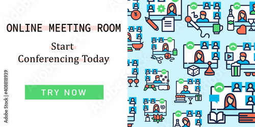 Meeting together web banner. Online conference concept. Remote video communication landing, web page layout template. Linear vector illustrations collection