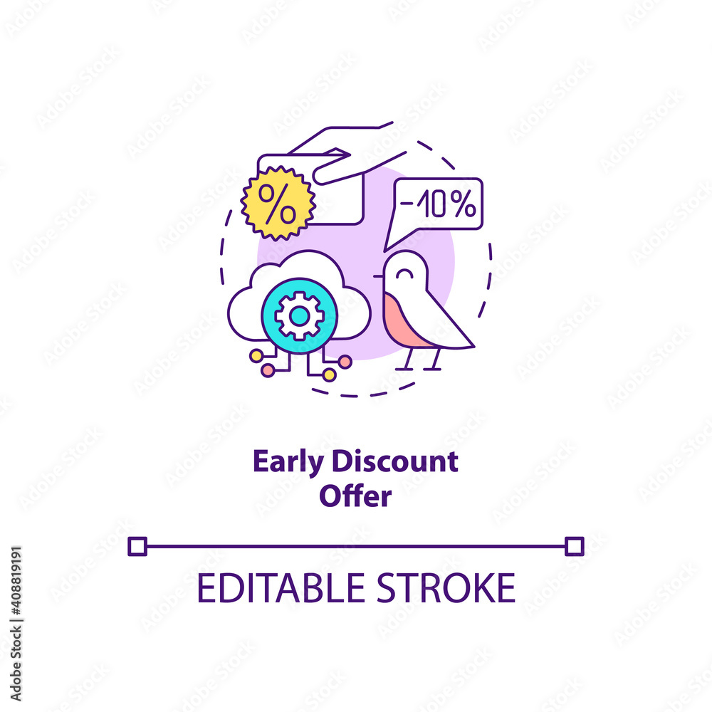 Early discount offer concept icon. Free SaaS trial idea thin line illustration. Pricing discounts for revenue growth. Limited-time offer. Vector isolated outline RGB color drawing. Editable stroke