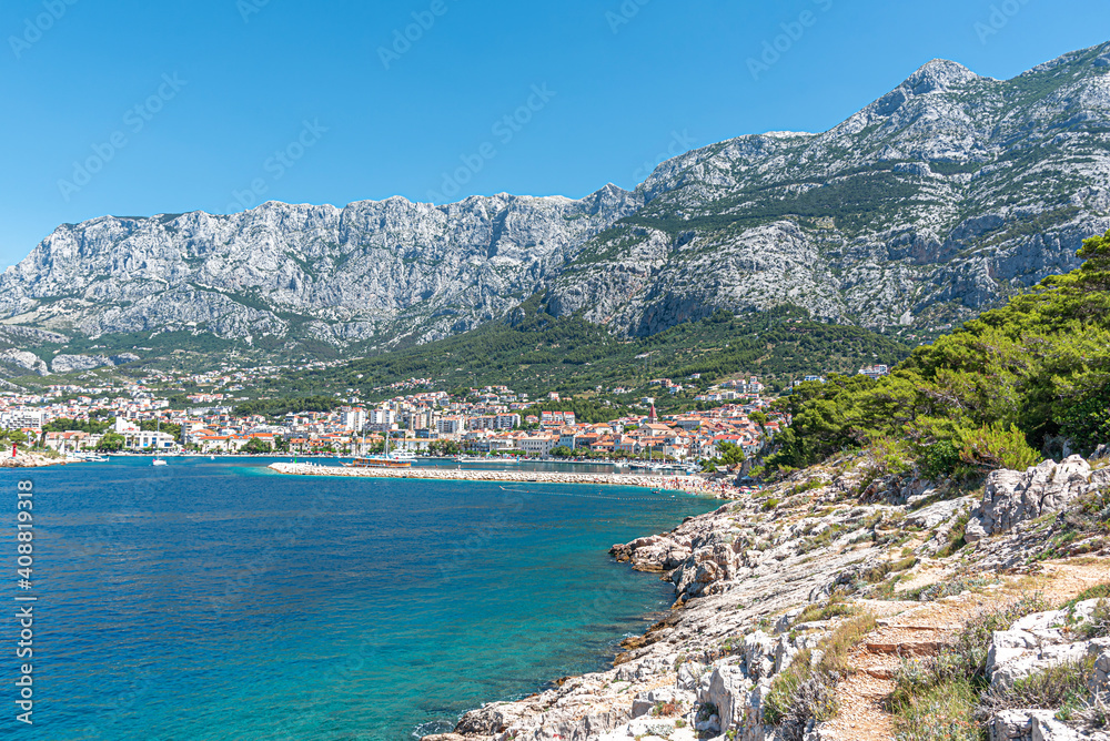 View of the resort town of Makarska in the summer day. Croatia.