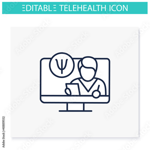 Telepsychiatry line icon. Telehealth medical care. Virtual psychiatrist consultation. Telemedicine, health care concept. Online medicine, psychotherapy. Isolated vector illustration. Editable stroke