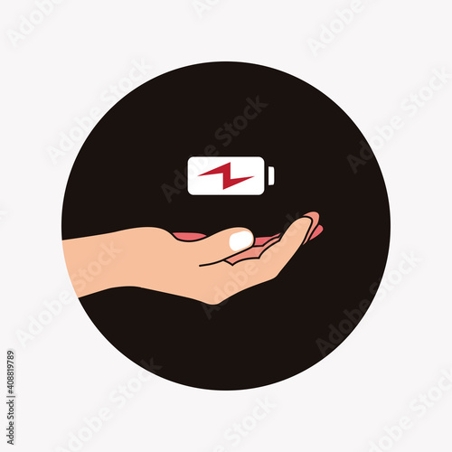 Hand and low battery icon vector illustration. Battery needs to be charged concept