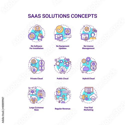 SaaS solutions concept icons set. Software-as-a-service idea thin line RGB color illustrations. Public, private, hybrid cloud. Large customer base. Vector isolated outline drawings. Editable stroke