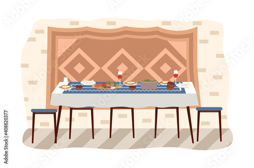 Dining room in Georgian style interior design. Table with khinkali and adjarian khachapuri. Furniture model for the interior of a room for eating and spending time. Arrangement of furniture at home