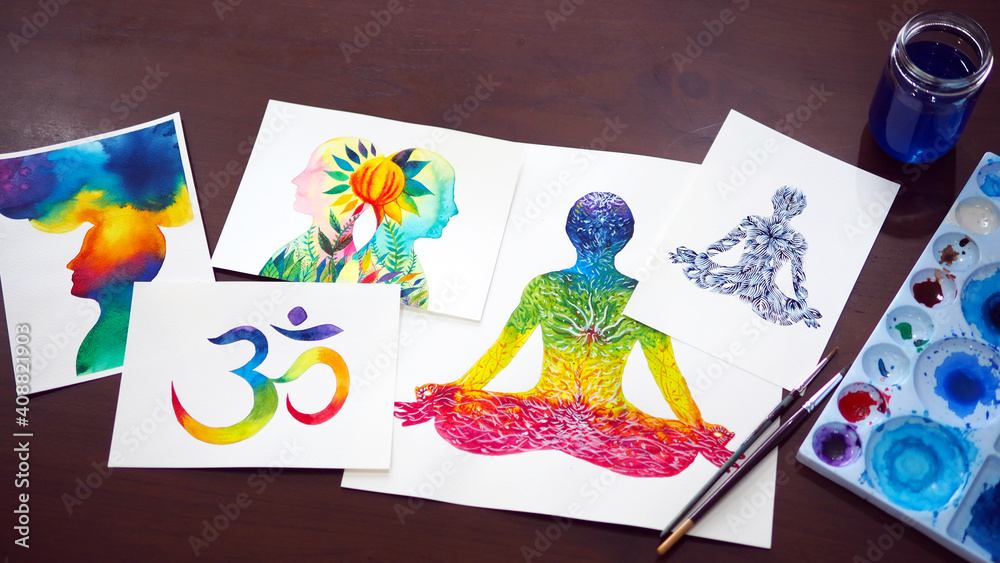 Fototapeta premium chakra human lotus pose yoga abstract mind mental power watercolor painting illustration design hand drawing selected focus.