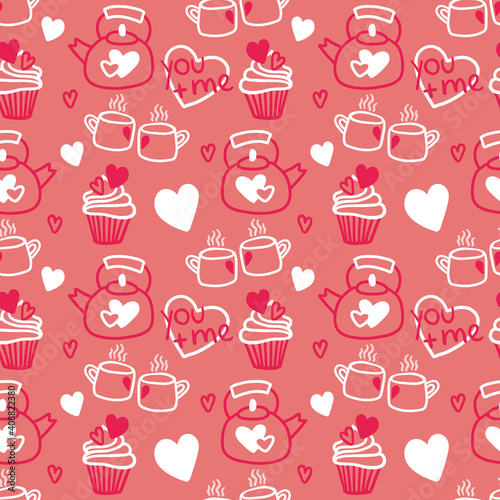 Valentines Day doodle Seamless pattern of hand drawn elements with heart shape for girls and boys textile, wallpaper, Greeting card