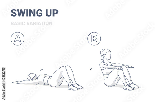 Swing Up with Knees Bent Female Home Workout Exercise Guide Outline Illustration Concept. Girl Working on Her Abs. photo