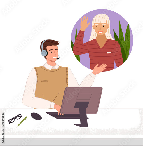 Male haracter in call center hotline. A man support worker, telephone service operator with headphones talking to a client blonde woman. Workplace of customer support manager near computer table