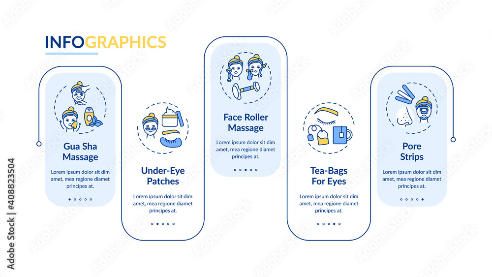 Face care procedures vector infographic template. Roller massage, tea-bags presentation design elements. Data visualization with 5 steps. Process timeline chart. Workflow layout with linear icons
