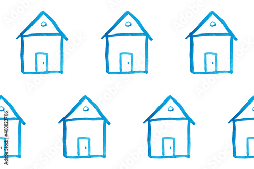 Seamless pattern with blue house icon on white backboard. Cartoon style baby illustration. Architecture, construction, village, homepage. Creative kids city texture for fabric, wrapping or textile