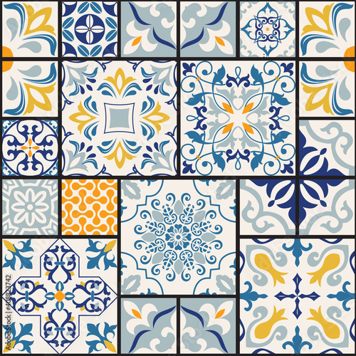 Seamless colorful patchwork tile with Islam, Arabic, Indian, ottoman motifs. Majolica pottery tile. Portuguese and Spain decor. Ceramic tile in talavera style. Vector illustration. 