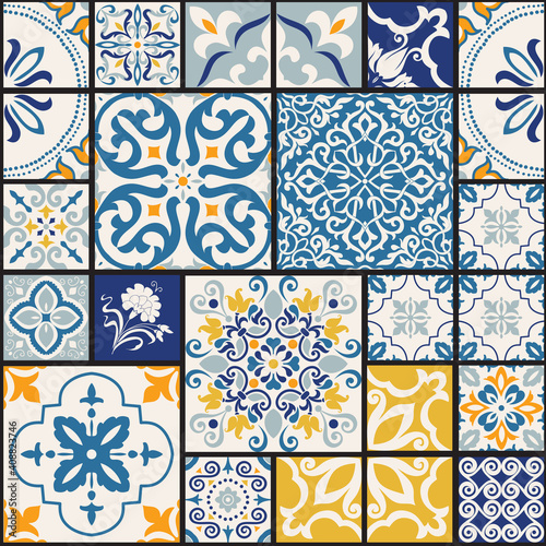 Seamless colorful patchwork tile with Islam, Arabic, Indian, ottoman motifs. Majolica pottery tile. Portuguese and Spain decor. Ceramic tile in talavera style. Vector illustration. 
