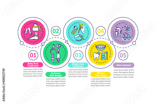 Beauty procedures vector infographic template. Eyebrows shaping, whitening teeth presentation design elements. Data visualization 5 steps. Process timeline chart. Workflow layout with linear icons