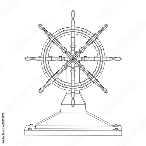 Ship steering wheel. Marine rudder. Wireframe low poly mesh vector illustration.
