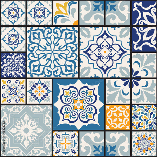 Seamless colorful patchwork tile with Islam, Arabic, Indian, ottoman motifs. Majolica pottery tile. Portuguese and Spain decor. Ceramic tile in talavera style. Vector illustration.	
