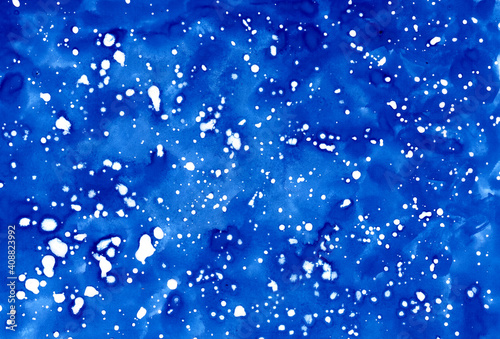Abstract watercolor background. Deep blue night sky with stars. Hand drawn illustration. Galaxy painting, cosmic texture. Astrology theme. Beautiful and romantic space. Creative print