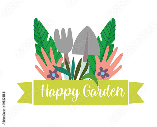 Gardening gloves rake shovel leaves, happy garden lettering