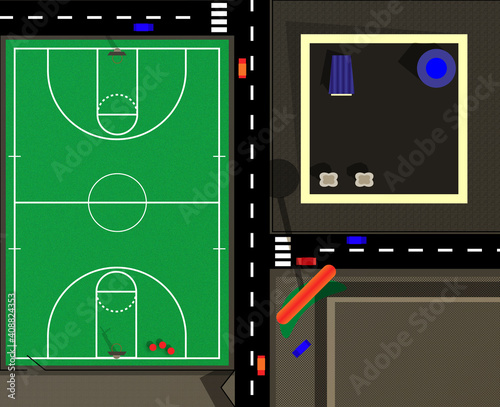 Top view of basketball ground.