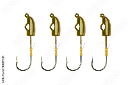 Fishing hook isolated on a white background. Jig fishing hook close up. Fishing tackle. Stainless steel fishing hooks