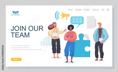 Landing page template Join our team business concept. Group of business people in workflow. Business partnership relation concept. Business conversation and professionals communication flat design