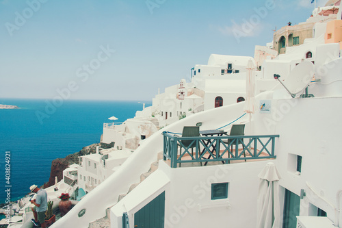 view of the sea and the houses from the top of Santorini in Greece