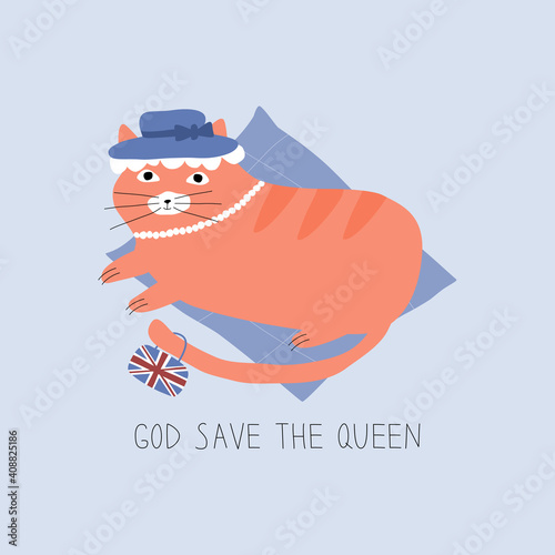 Cute ginger cat on a blue pillow with a blue hat on her head. Orange cat with handbag and british flag on her tail. "God save the queen" funny card. 