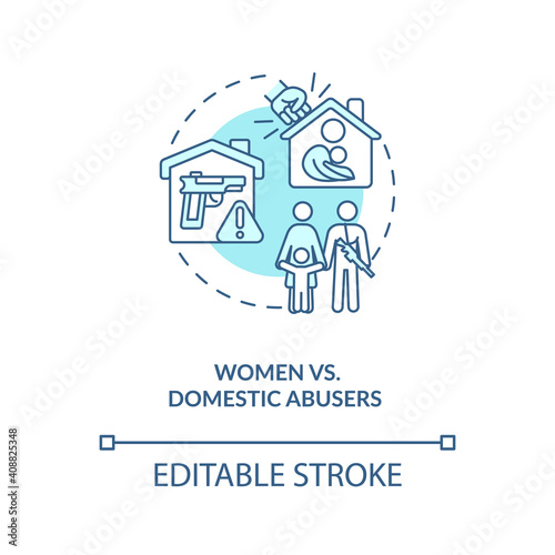 Women vs domestic abusers turquoise concept icon. Gun violence. Hate crime. Weapon control for civilian safety idea thin line illustration. Vector isolated outline RGB color drawing. Editable stroke