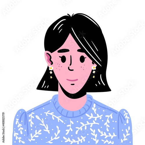 Portrait of a young girl with medium long dark hair. Avatar illustration of a smiling girl in a blue sweater. Hand-drawn face isolated on white background.