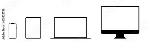 Realistic set computer, laptop, tablet and smartphone. Device screen mockup collection.