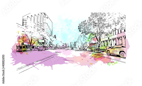 Building view with landmark of Sacramento is the
city in California. Watercolor splash with hand drawn sketch illustration in vector.