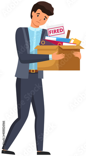 Layoff concept. Unhappy fired man leave the office with things in box isolated on white background. Unemployment dismissal of fellow workers. Jobless, problems at work and in career, staff reduction