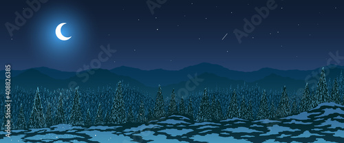 Vector abstract winter panorama landscape. Mountains trees forest at night against falling snow.