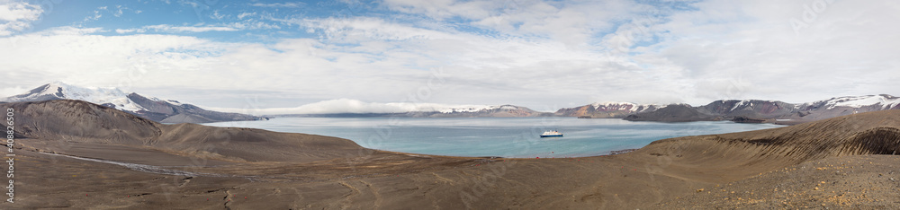 Panorama of Telefon Bay within the crater of Deception Island in the South Shetland Islands. Panorama of Telefon Bay within the crater of Deception Island in the South Shetland Islands.
