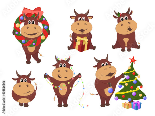 Chinese new year 2021 Cow. Chinese lunar zodiac symbol of 2021. The year of the ox. Cute cow and bull cartoon character.