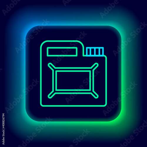 Glowing neon line Canister for motor machine oil icon isolated on black background. Oil gallon. Oil change service and repair. Engine oil sign. Colorful outline concept. Vector.