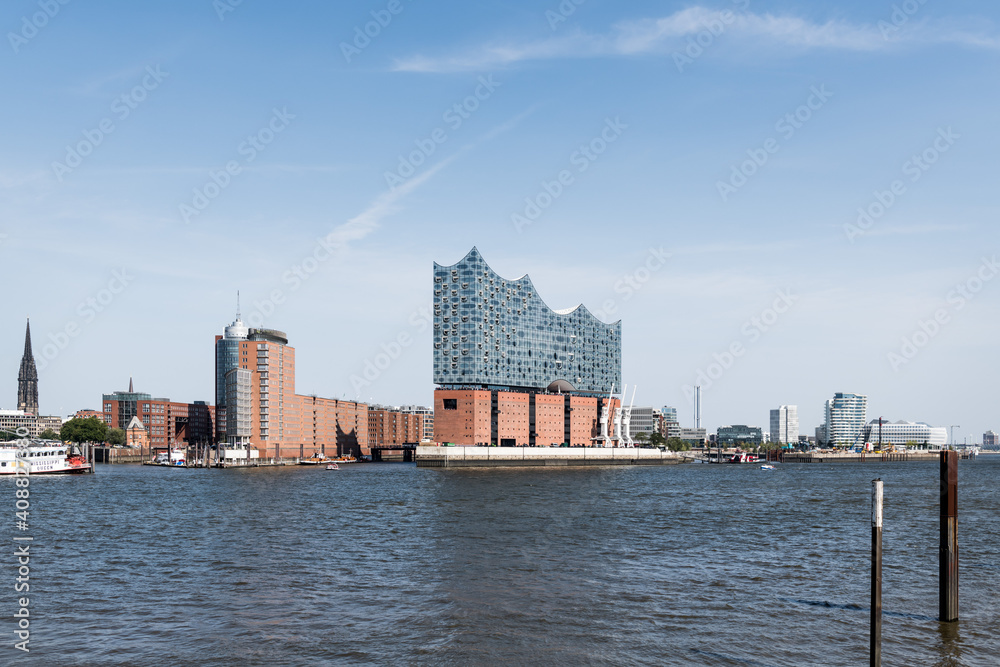 The Elbphilharmonie of the city of Hamburg in Germany is placed on a storage house next to the river Elbe.